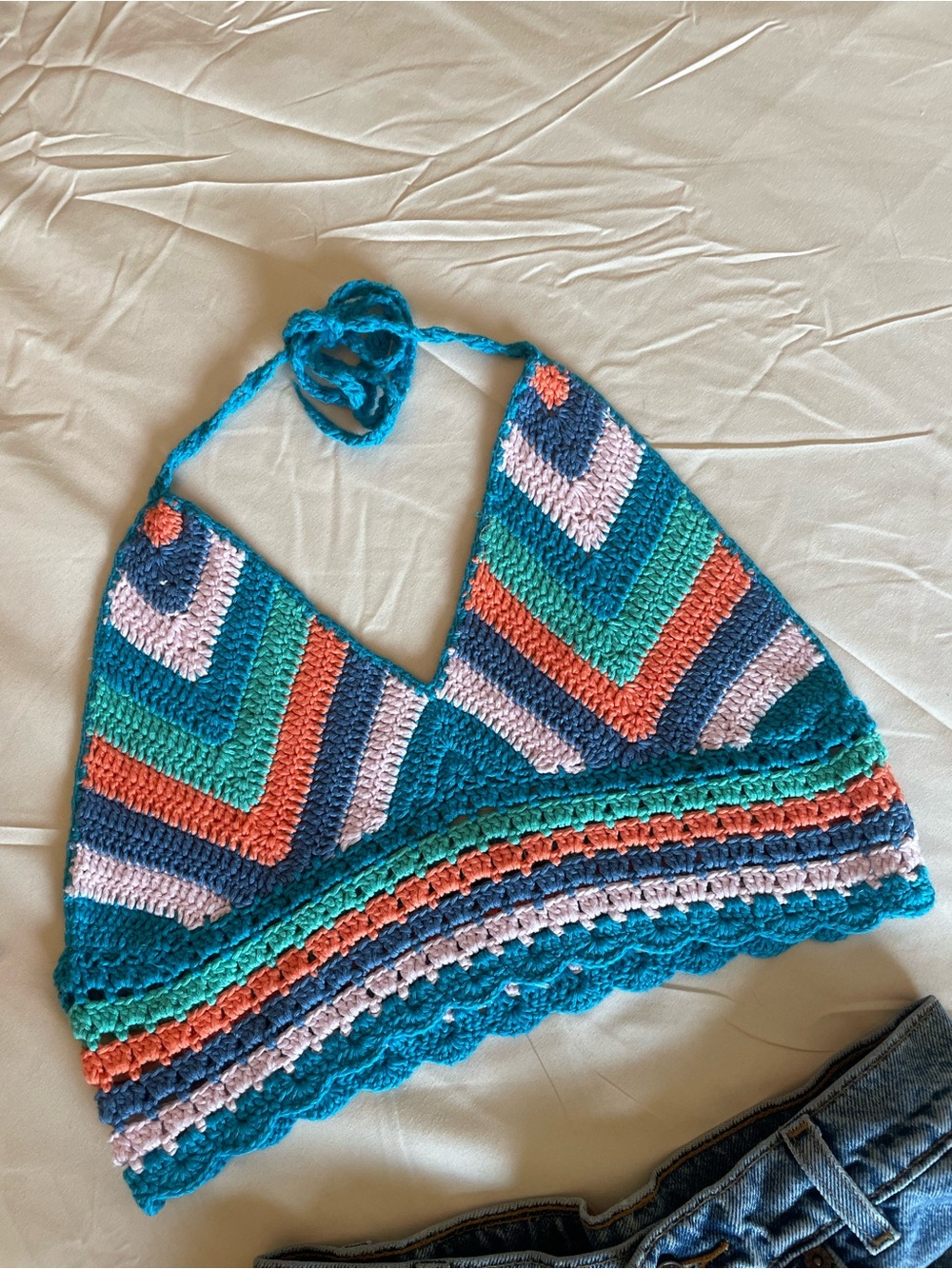 Festival Boho Multicolor Crochet knitted Cropped Halter Top M/L